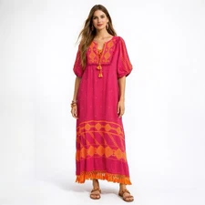 Figue Maxi Dress L Mela Pink Orange Embroidered Boho Resort Organic Cotton Shift