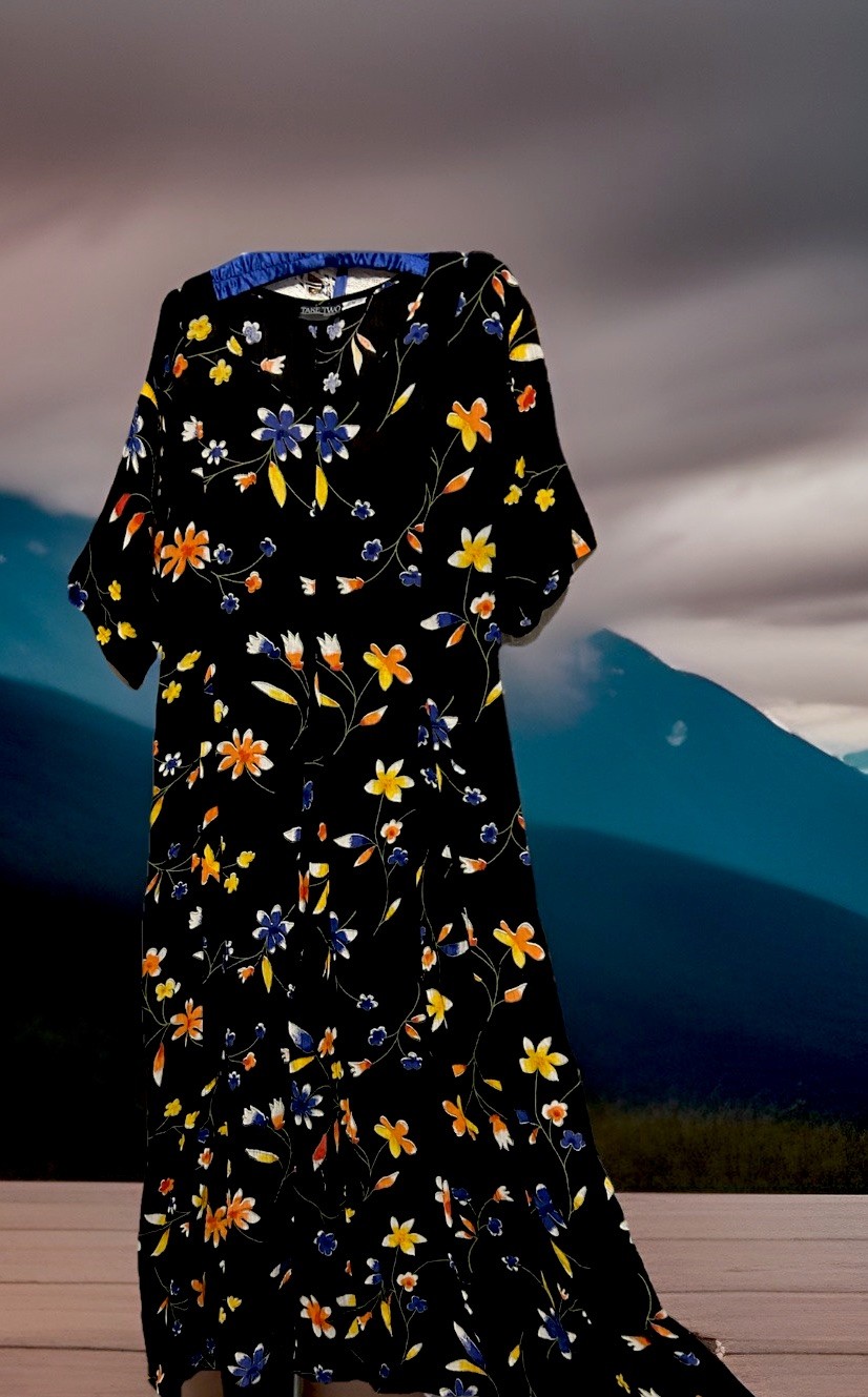 Take Two Dress M Black Floral Rayon Boho Midi 90s Y2K Vintage Hippie Sundress