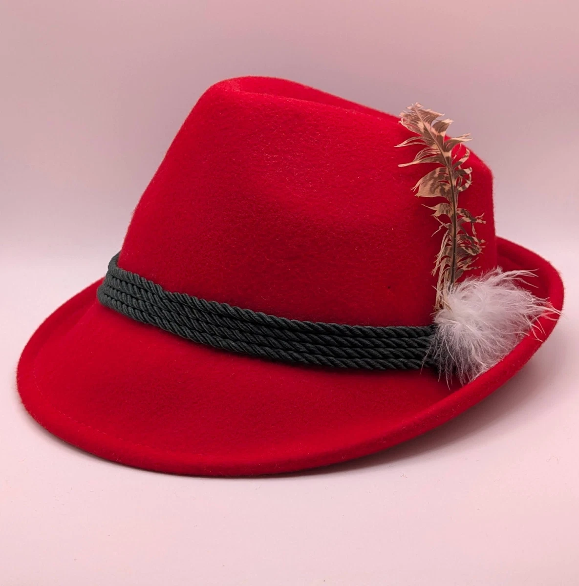 Vtg Traditional Austrian Alpine Tomato Red Tyrolean Felt Fedora Festival Hat Elegant Red Tirol Hat with Embroidered Band and Deluxe Feather main image 3