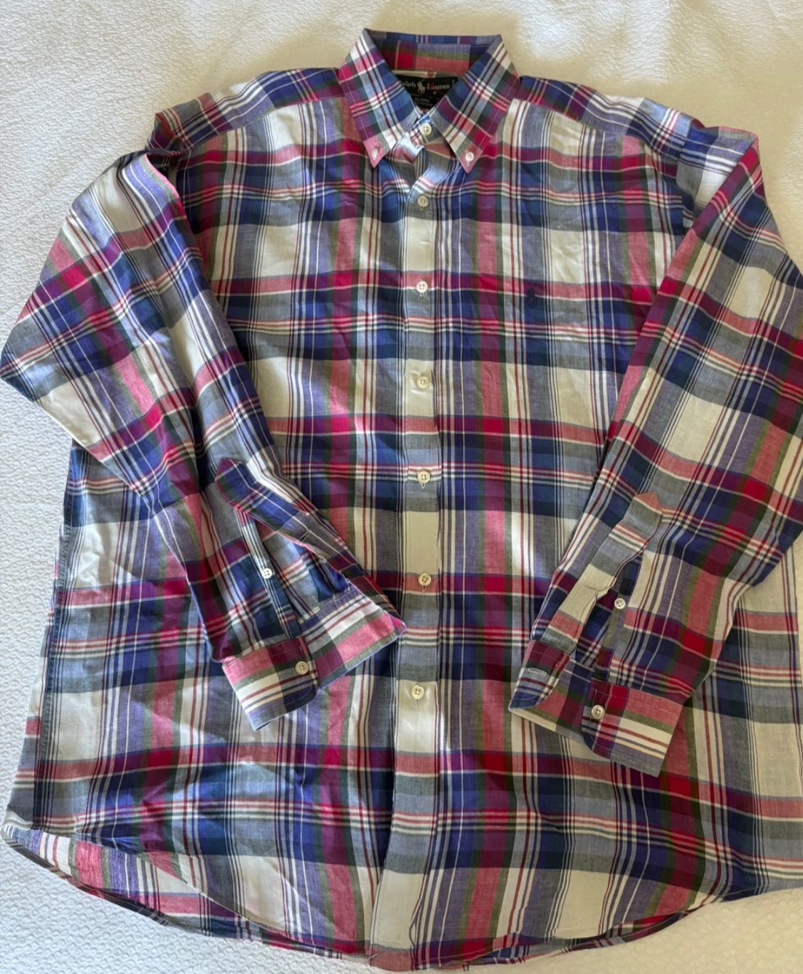 Ralph Lauren Sz. L BLAIRE madras plaid button down Navy pony Shirt preppy