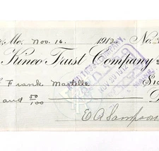 1912 Kineo Trust Company Bank Check E.A. Sampson Dover Maine Signed 998 CHX3