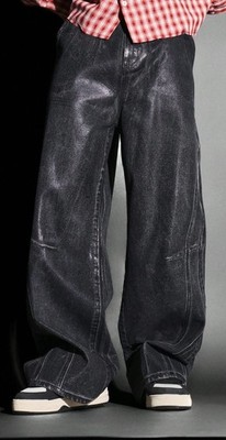 Men's Wax Coated Metallic Finish Wide Leg Baggy Denim Jeans