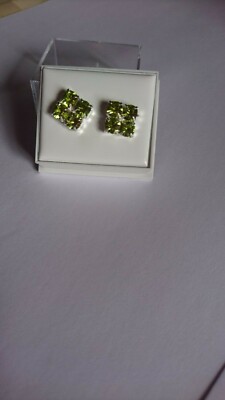 BRAND NEW>SILVER PLATED YELLOWY GREEN COLOURED SQUARE SHAPE RHINESTONE   STUDS