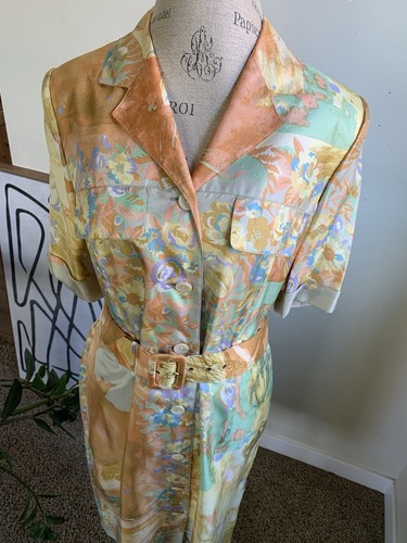 Vtg Louis Feraud 100% Silk Midi Dress Abstract Wearable Artsy sz 10 Belted Boho - Picture 4 of 22
