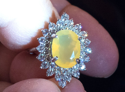 Solid SS 925 Lovely 11x9 mm Yellow Fire Opal and White Sapphire Ring - VIDEO