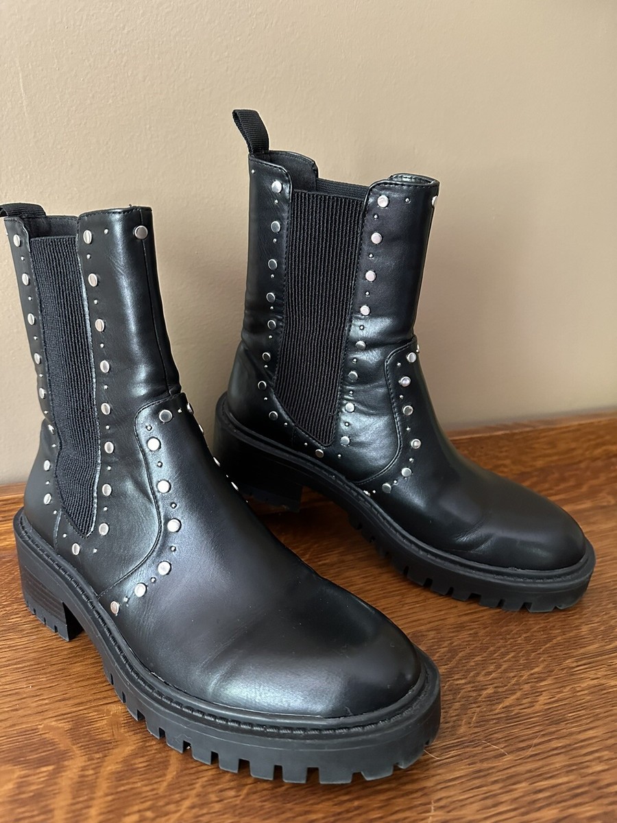 Zara Trafaluc Black Leather Studded Military Biker Ankle Boots SZ 36 Vegan