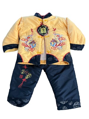 Chinese Boys Winter Outfit Faux Fur Lined Embroidered Dragon Size US 2T  Rare
