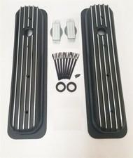 87-97 Sbc 5.0l 5.7l Short Black Aluminum Finned Center Bolt Valve Covers 350