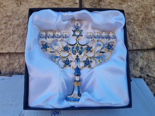 Menorah Hanoukka 9 Branches Vintage - Motif Grenade - Fabriquée En Israël - Métal Bleu