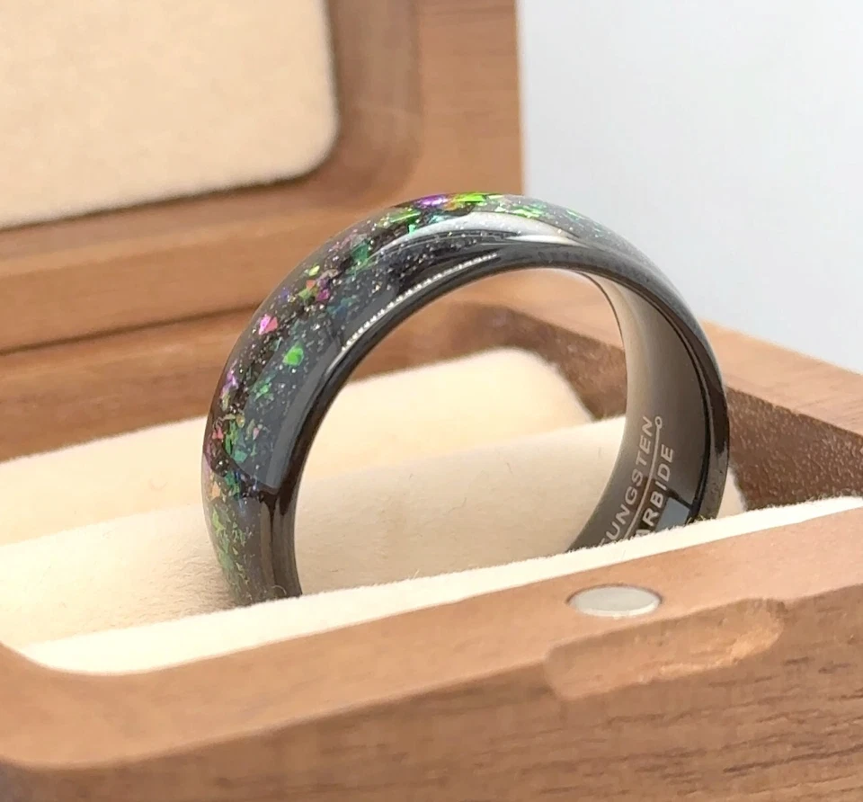 Aliança de casamento masculina de tungstênio preto anel de noivado opala galáxia opala anel de opala esmagada - Imagem 4 de 4