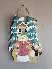 Christmas Wooden Hanging Sign Decor   2 Bears  A Snowman   14 " Tall 10 " Wide