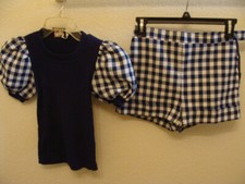 Vintage Summer Women Girls 2Pcs Suit Top  Shorts Checkered Navy White Small