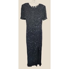 Vtg Laurence Kazar Maxi Dress Bead Silk Gown Sequin Evening Formal Black Medium