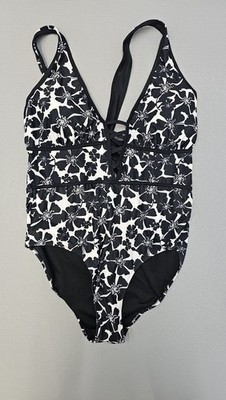 Flatter Me Women's Floral One-Piece Swimsuit Black and White Padded Criss Cross 