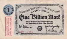 Ems - Stadt - 1 Billion Mark - N&deg; (Strich) KN 4st - Keller 1354.d. / Die. 212.2