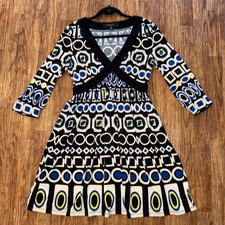 Nine West Geometric Print Dress Women's 10 Black Blue Yellow Retro Mod Y2K