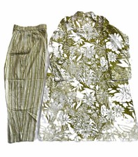 Green White Floral 2 Piece Outfit Set Tunic Top Pants Collared Long Sleeve