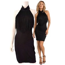 Guess Black Fringe Party Dress Size Large Going Out Mob Wife Sleeveless Glam Y2K