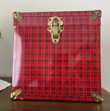 Vintage 1950s/1960s Red Plaid Metal 45 RPM Record Storage Case, brass trim