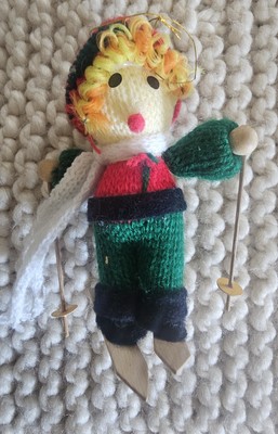 Vintage Skiing Christmas Ornaments Knit Outfits Wood Skis Hand made Taiwan