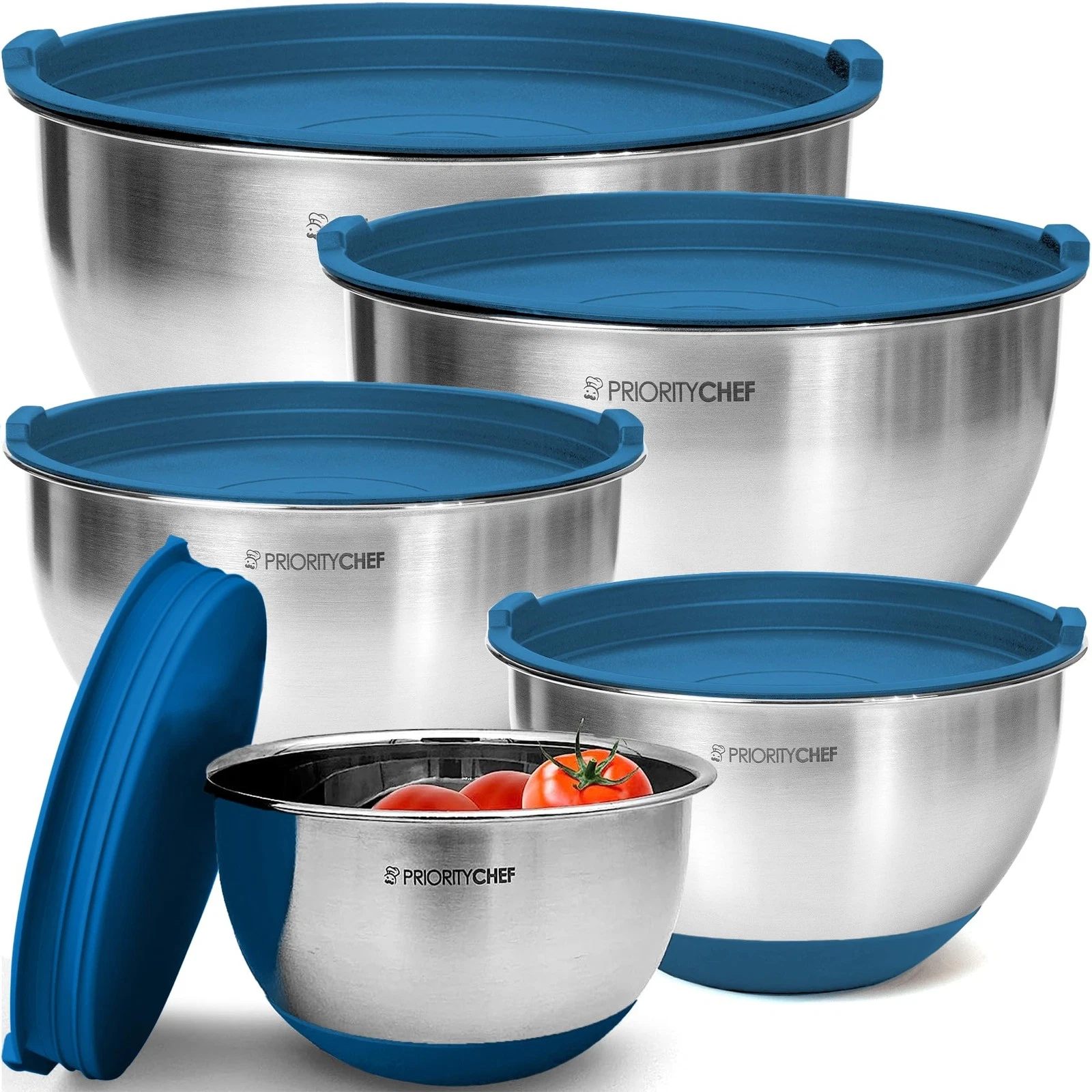 Priority Chef Premium Mixing Bowls With Airtight Lids Set, Standard, Blue