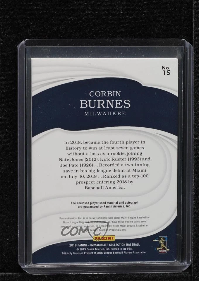2019 Panini Immaculate Gold /49 Corbin Burnes #15 RPA Rookie Patch Auto RC - Image 2 of 2