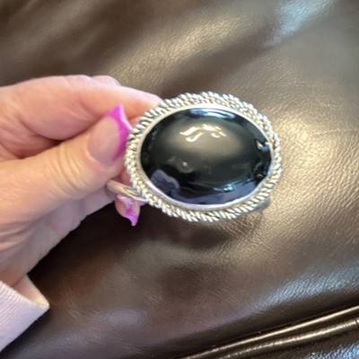 VTG Silver Cuff Bracelet with Large Oval Black Stone in Bezel Setting