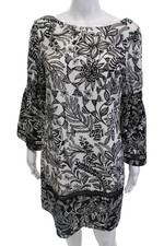 Eliza J Womens Floral Boat Neck Long Sleeve A-Line Dress White Black Size 8