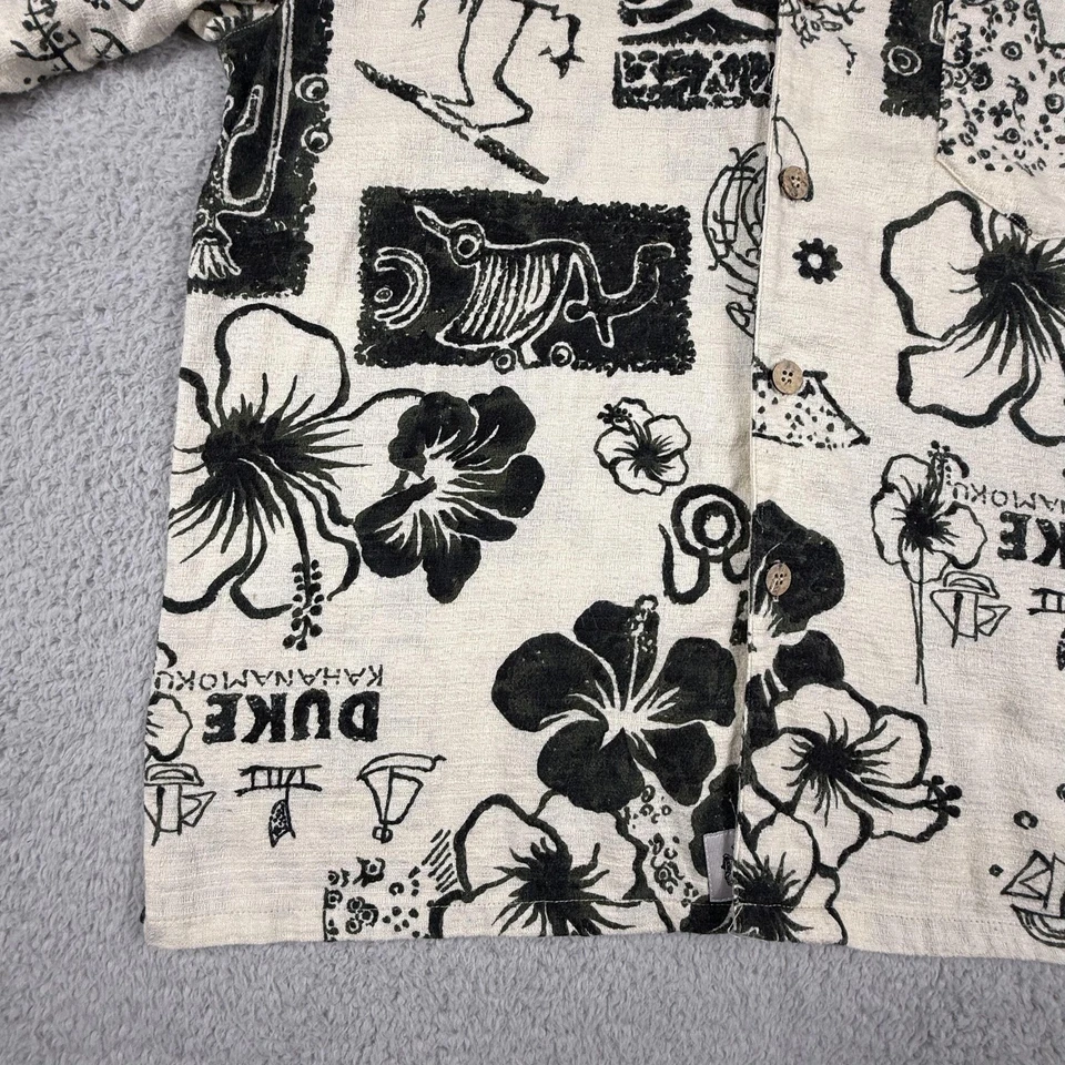 Duke Kahanamoku Shirt Mens Medium Ecru Black Hawaiian Aloha Surf Print Cotton - Image 4 of 4