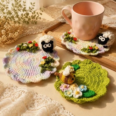 3D Funny Crochet Coaster, Handmade Lamb & Bee Mug Rug, Cute Gift Decor
