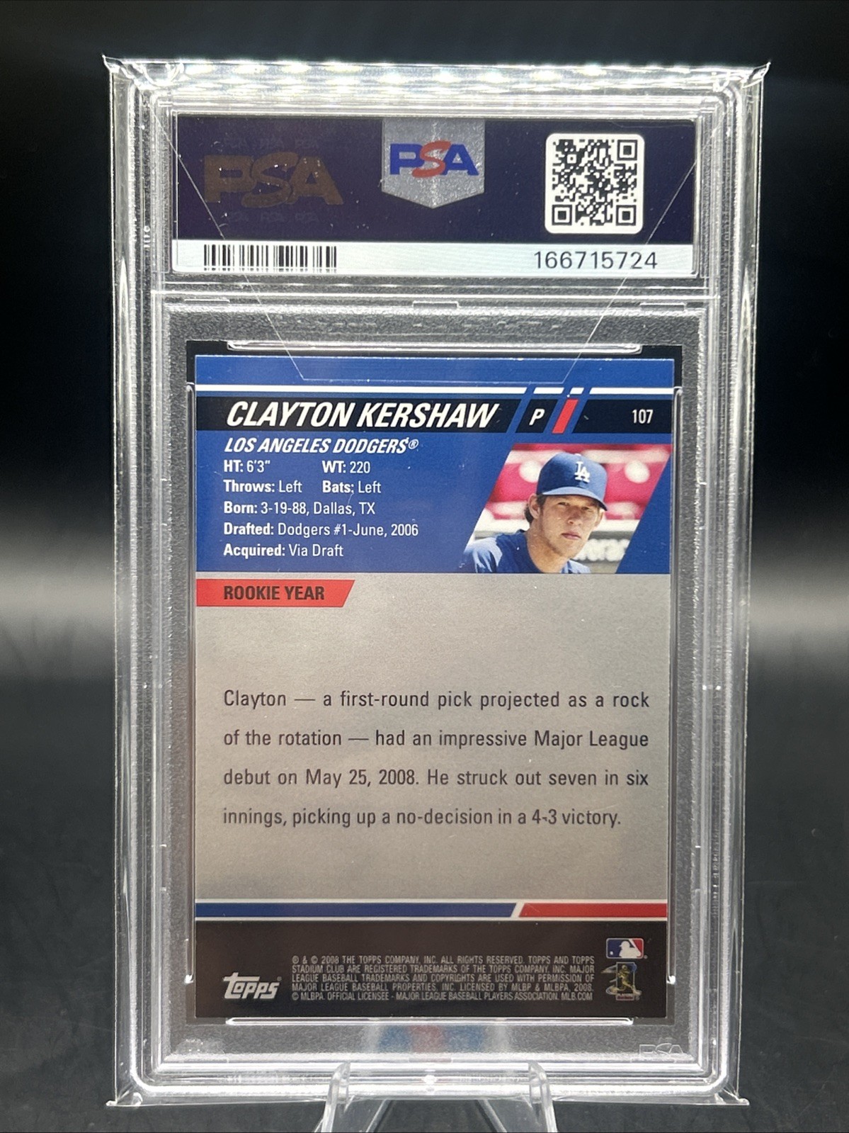 Topps 2008 Stadium Club Clayton Kershaw #107 In Dugout RC PSA 8 Dodgers - Rookie view 2