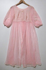 Sz S/M Vintage Miss Elaine Babydoll Pink Nylon Peignoir Sheer Lace Puff Sleeve