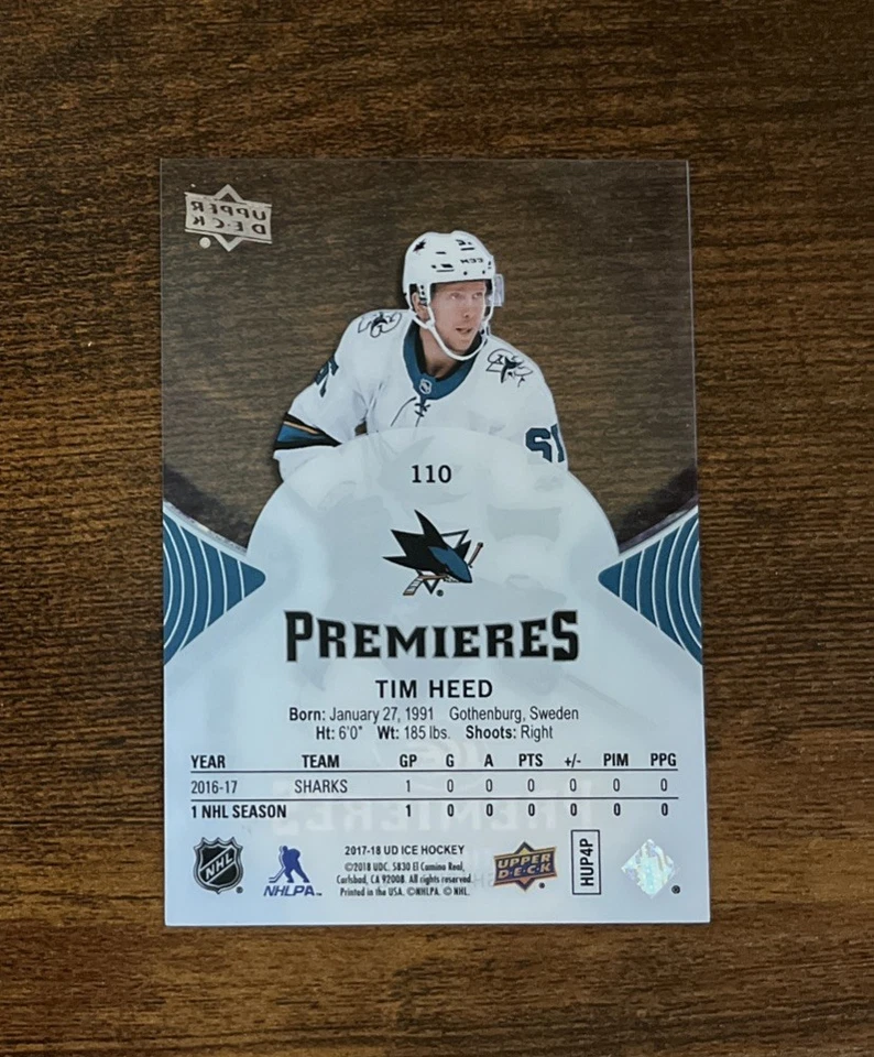 2017-18 Upper Deck Ice Premieres Tim Heed Rookie /1299 San Jose Sharks #110 - Image 2 of 2
