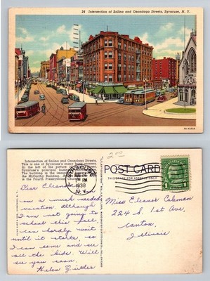 Syracuse NY-New York Salina Onondaga Streets Intersection Vintage c1938 Postcard