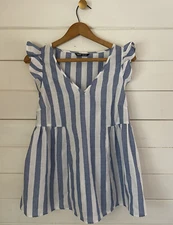 SHEIN Women's Blouse Blue White Striped Beach Nautical Cotton Flowy MEDIUM