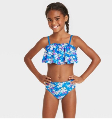 Girls' 2pc Floral Ruffle Edge Bandeau Bikini Swimsuit Set Cat