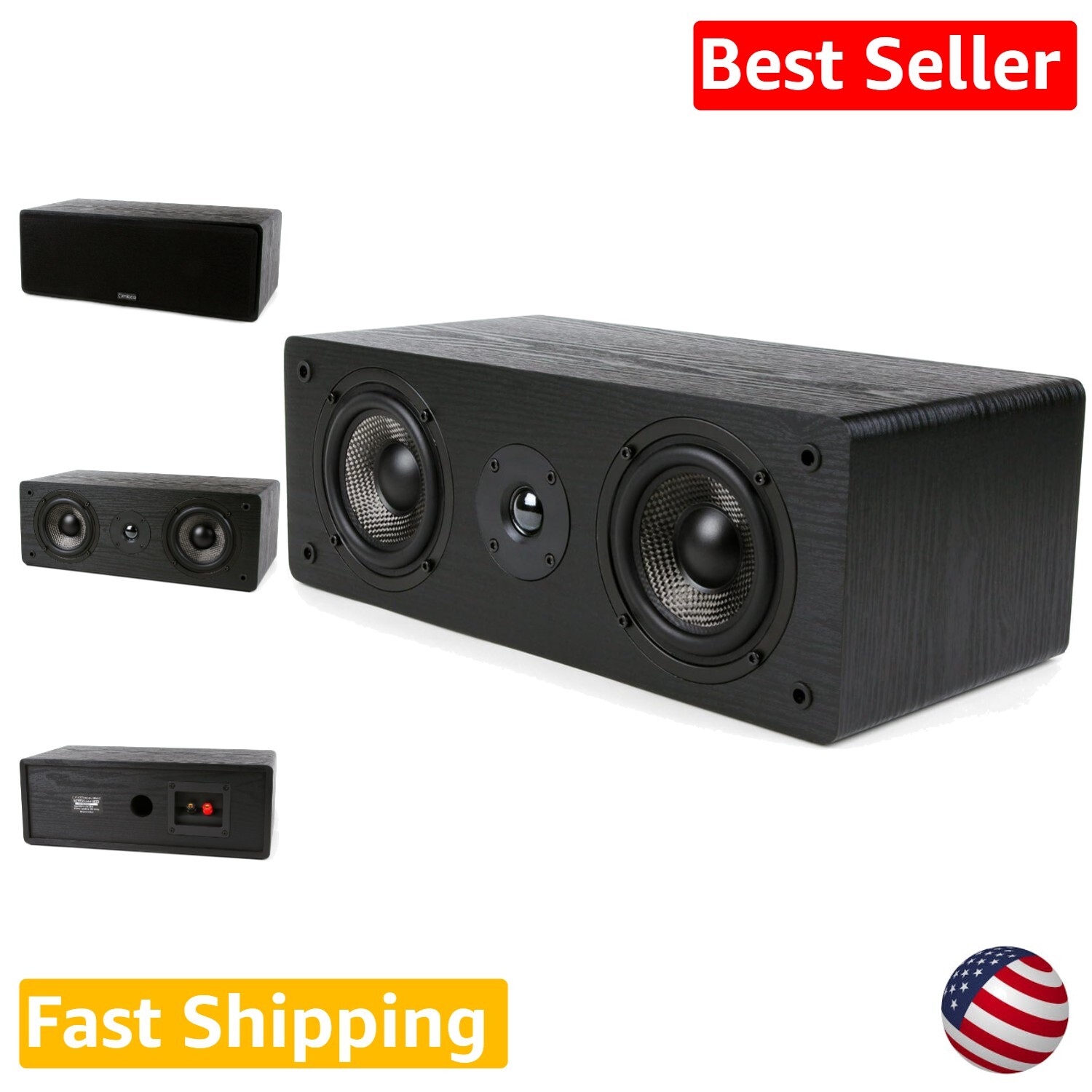 Center Channel Speaker for Home Theater - 2-Way Black - Enhanced Bass & Treble