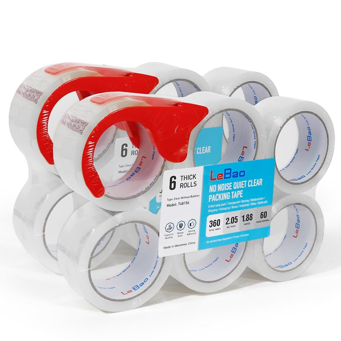 No Noise Silent Packing Tape with Dispenser, 2.05 Mil x 1.88