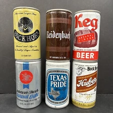 Vintage 70s Lot of 6 Pull Tab Push Top Beer Cans Decor Huber Reidenbach Keg Brew