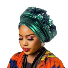 Luxury African Women Headtie Nigerian Flower Rhinestone Turban Cap Wedding Hat