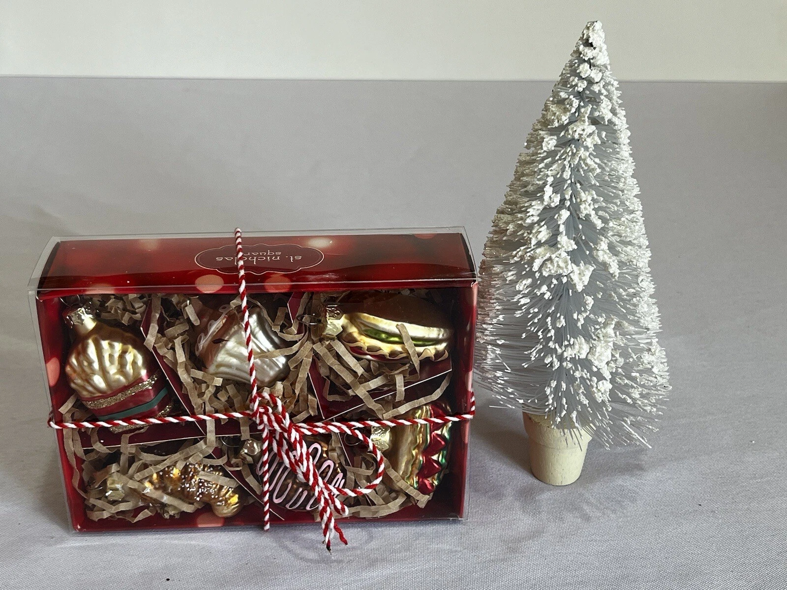 Set Of Six Mini Glass Pastry Ornaments And Bottle Brush Tree