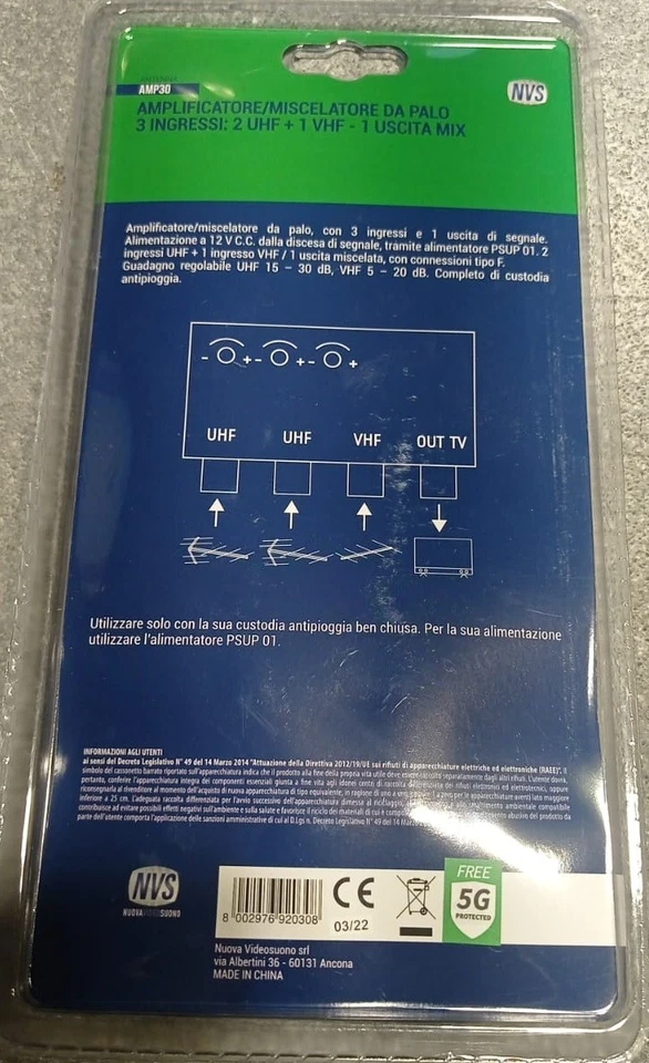 AMPLIFICATORE/MISCELATORE DA PALO NVS AMP30 VHF/UHF 20/30 DB REGOLABILI 5 G - Immagine 3 di 4