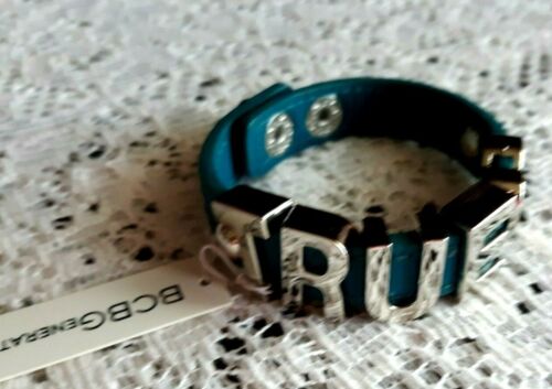 BCBG Generation Bracelet True Love Heart Teal Blue Silvertone Cuff Faux Leather - Picture 1 of 3