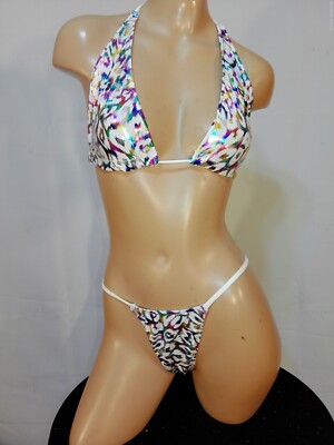 Exotic dancer stripper small multicolor two piece bikini dance outfit-dancewear