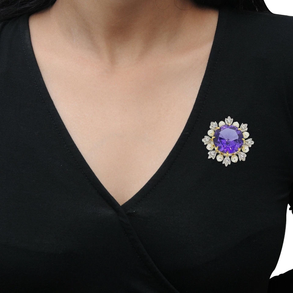 Flower Design Purple Round Cut White Stone Women's Shell Pearl Silver Brooch - Image 3 of 4