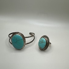 VINTAGE MEXICO STERLING SILVER Large Blue TURQUOISE Ring And Bracelet TA-161