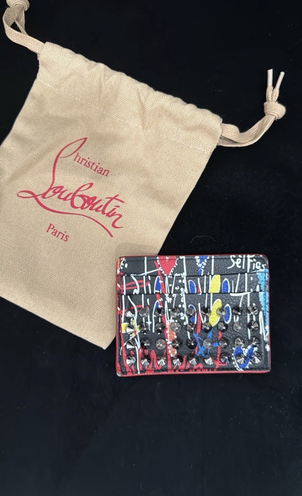 Christian Louboutin Studded Graffiti Logo Card Wallet Card Holder Black Red