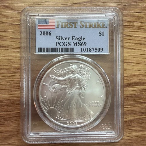 2006 US Silver Eagle $1 PCGS MS69 First Strike Flag Label