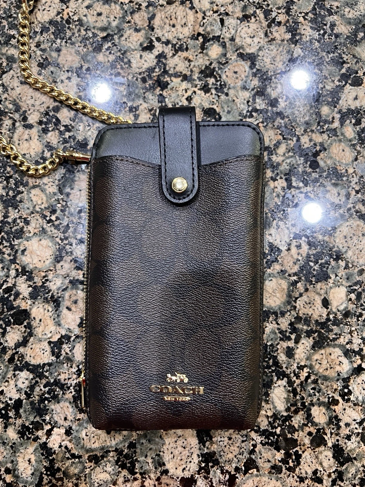 Coach North South Phone tracolla firma tela marrone nero #C7397 nuovo senza etichette!