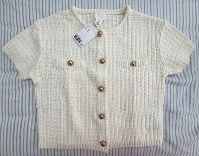 NWT H&M Textured Cardigan Women M Medium Gold Buttons White Old Money